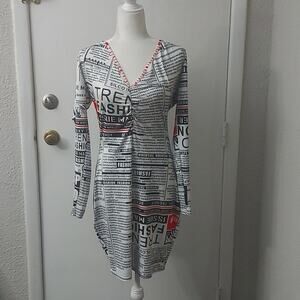 Newsprint Dress Long Sleeve XL Dopamine Boho Classic Retrogirl Glam Bodycon SATC
